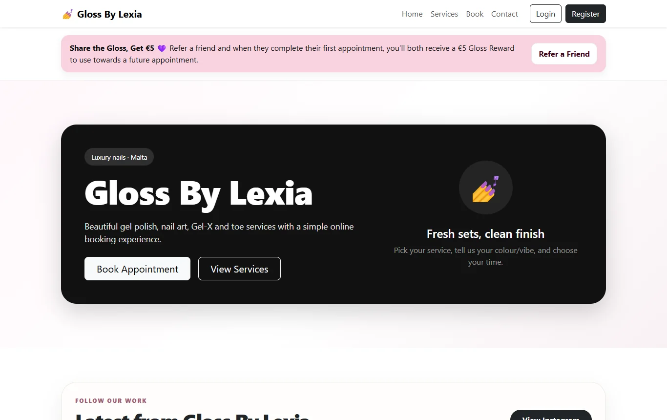 The live Gloss By Lexia website, with its online booking and services