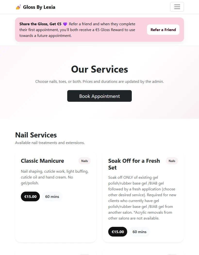 Gloss By Lexia services and pricing page on a tablet